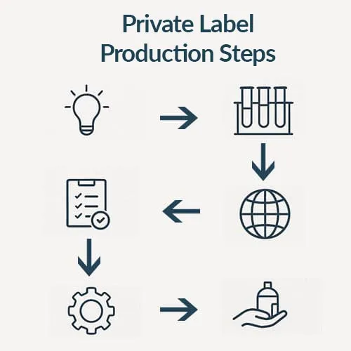 Private label production steps infographic showing documentation and detergent manufacturing process