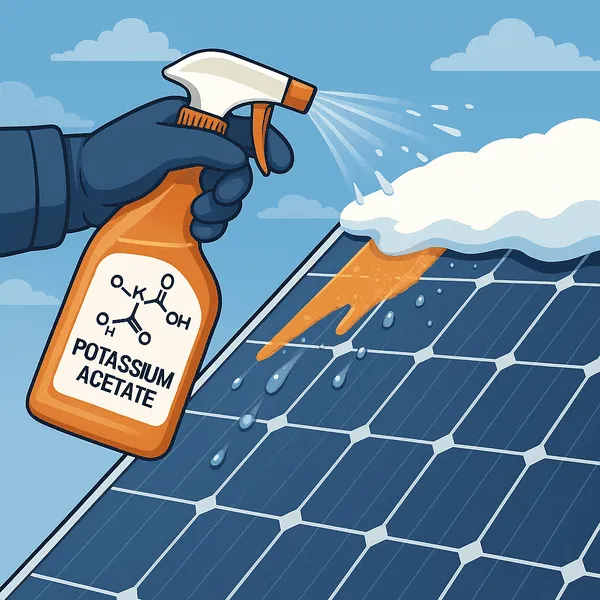 Spraying potassium acetate to melt snow on a solar panel