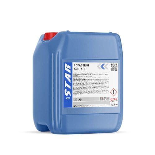 Potassium acetate chemical drum labeled for deicing use