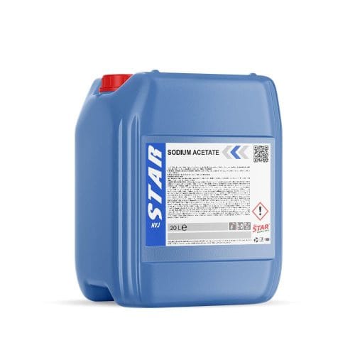Industrial-grade sodium acetate solution in clear container with label