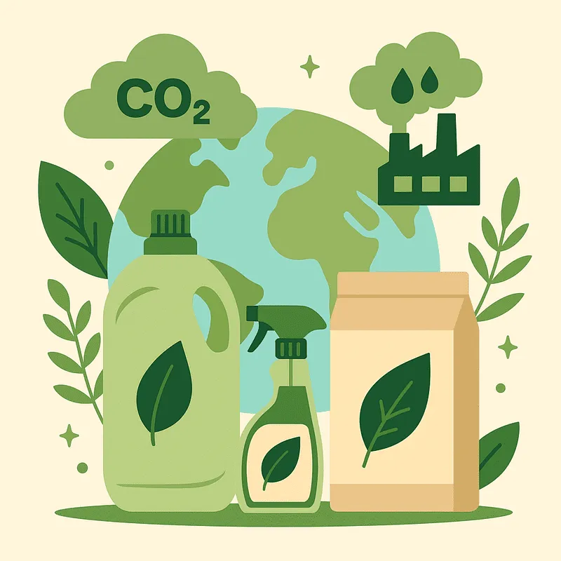 Illustration of eco-friendly cleaning products and carbon footprint icons