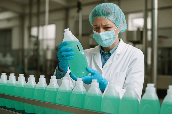 Turkish detergent factory worker checking biodegradable detergent production