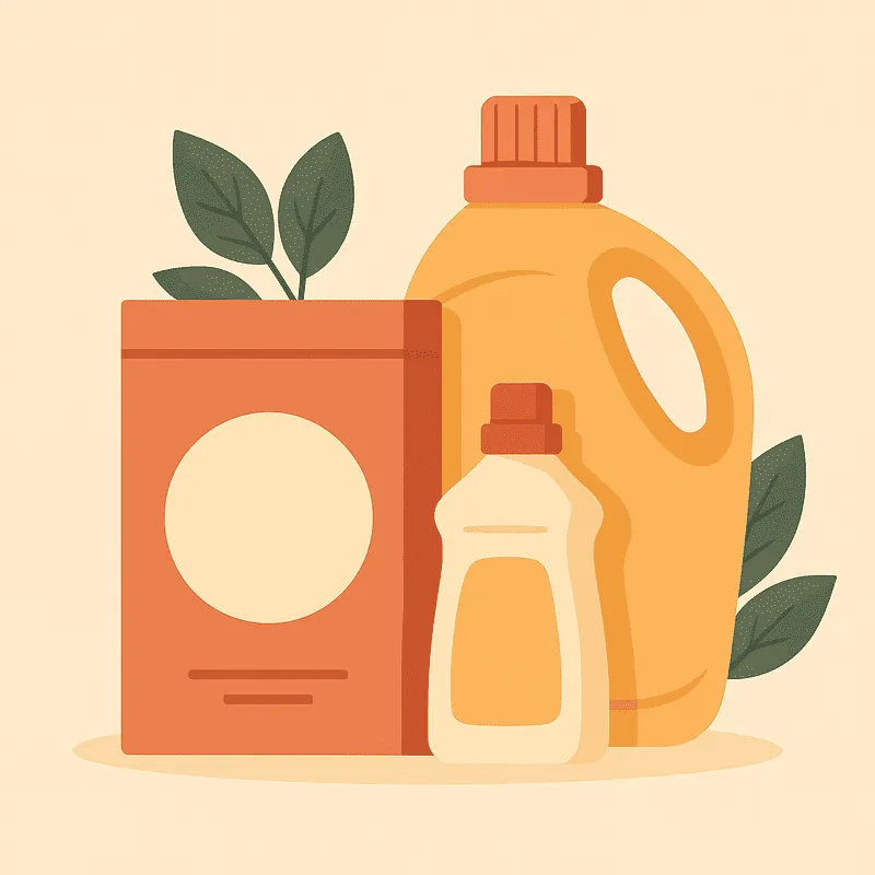 Vector illustration showing customized laundry detergent bottles with eco-friendly design elements like leaves and minimalist packaging.