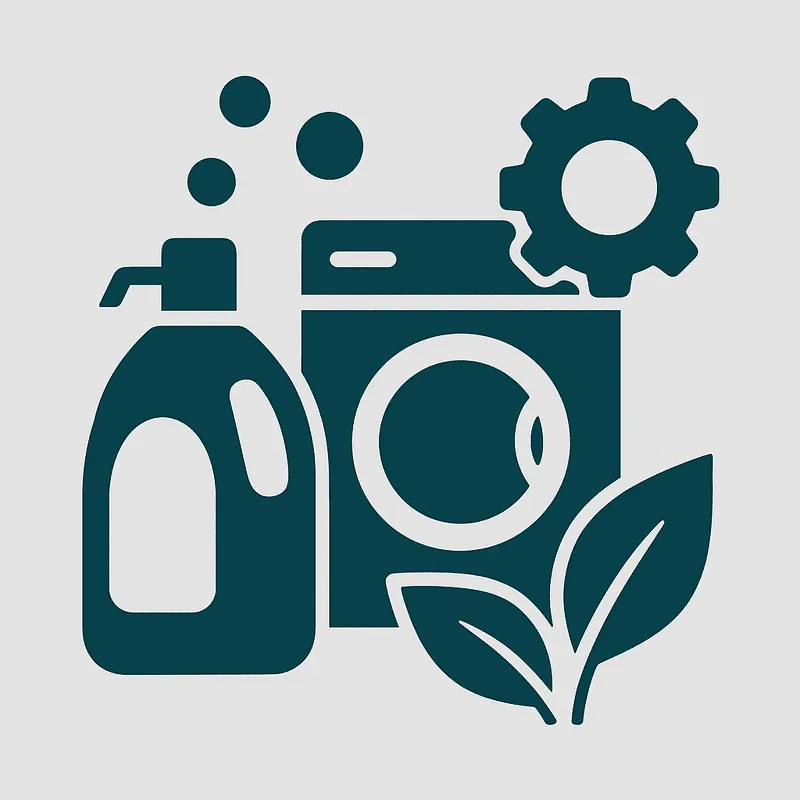 Laundry detergent manufacturing vector illustration with detergent bottle, washing machine, gear, leaves, and bubbles
