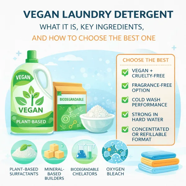 Vector illustration of vegan and eco-friendly laundry detergent ingredients and a checklist for choosing the best vegan laundry detergent.