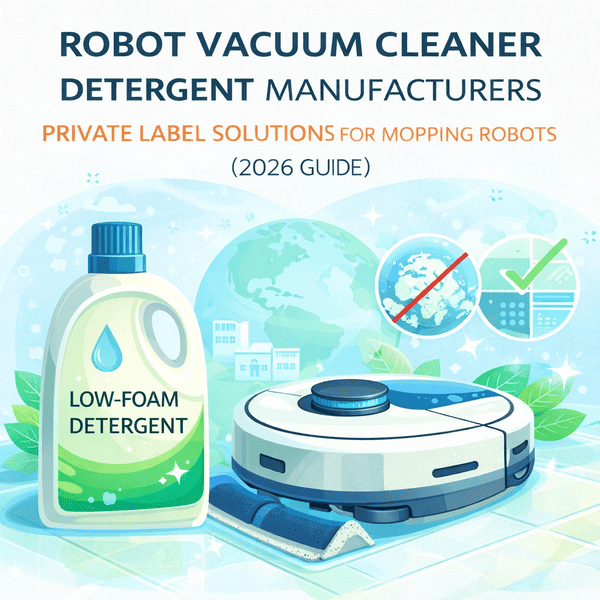 Vector illustration of a robot vacuum with mopping function alongside a low-foam detergent bottle and clean floor icons.