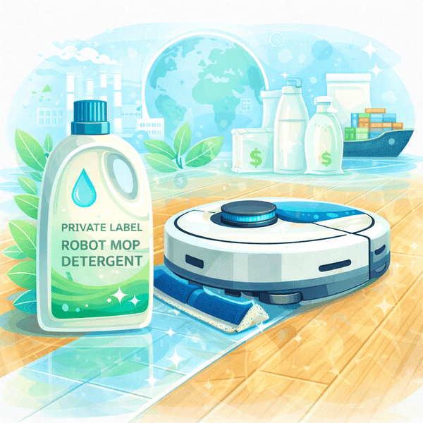 Vector illustration of a robot vacuum mop with clean floor icons and a low-foam detergent bottle, showing appliance-safe cleaning.