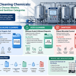 Infographic showing CIP cleaning chemicals categories—alkaline cleaners, acid cleaners, and sanitizers—used in industrial hygiene systems.