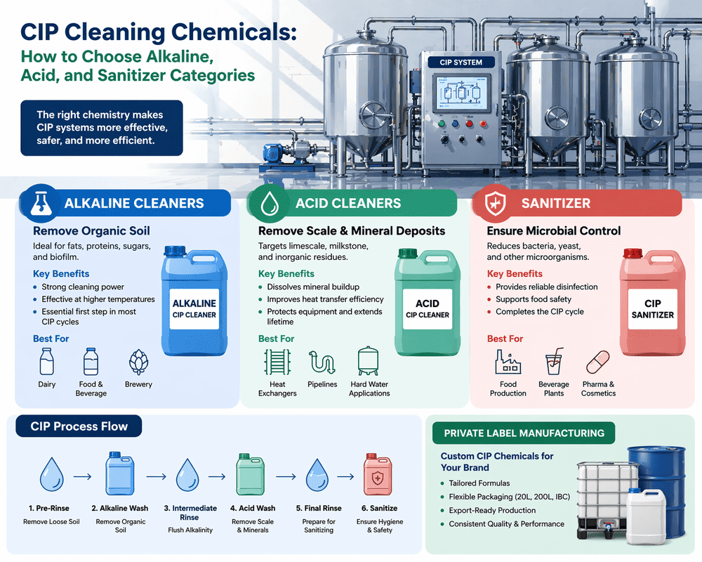 Infographic showing CIP cleaning chemicals categories—alkaline cleaners, acid cleaners, and sanitizers—used in industrial hygiene systems.