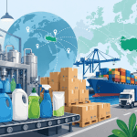 Vector illustration showing detergent manufacturing and export logistics from Turkey to global markets, including containers, cargo ship, and truck.