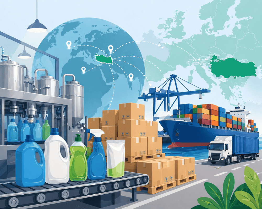 Vector illustration showing detergent manufacturing and export logistics from Turkey to global markets, including containers, cargo ship, and truck.