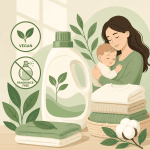 Vector illustration of vegan fragrance-free laundry detergent for sensitive skin, showing a mother and baby with eco-friendly detergent packaging and clean laundry.