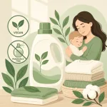 Vector illustration of vegan fragrance-free laundry detergent for sensitive skin, showing a mother and baby with eco-friendly detergent packaging and clean laundry.