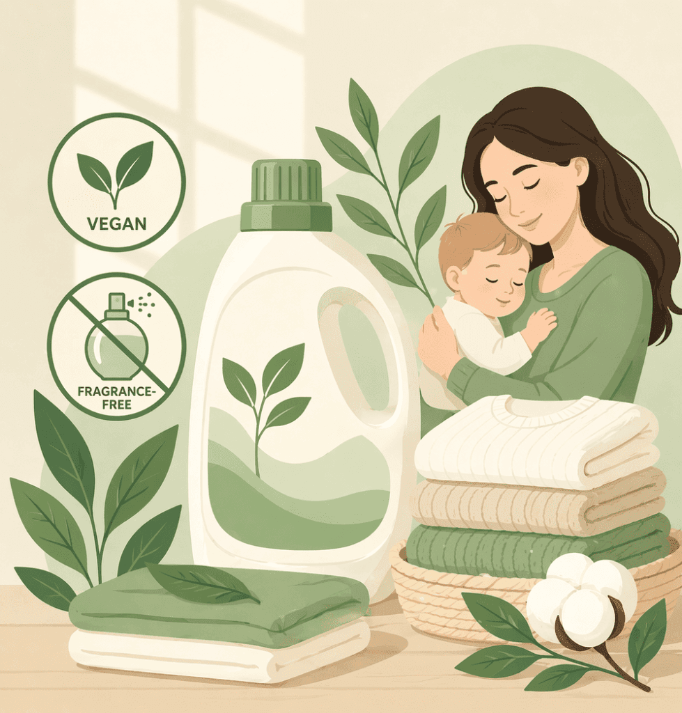 Vector illustration of vegan fragrance-free laundry detergent for sensitive skin, showing a mother and baby with eco-friendly detergent packaging and clean laundry.