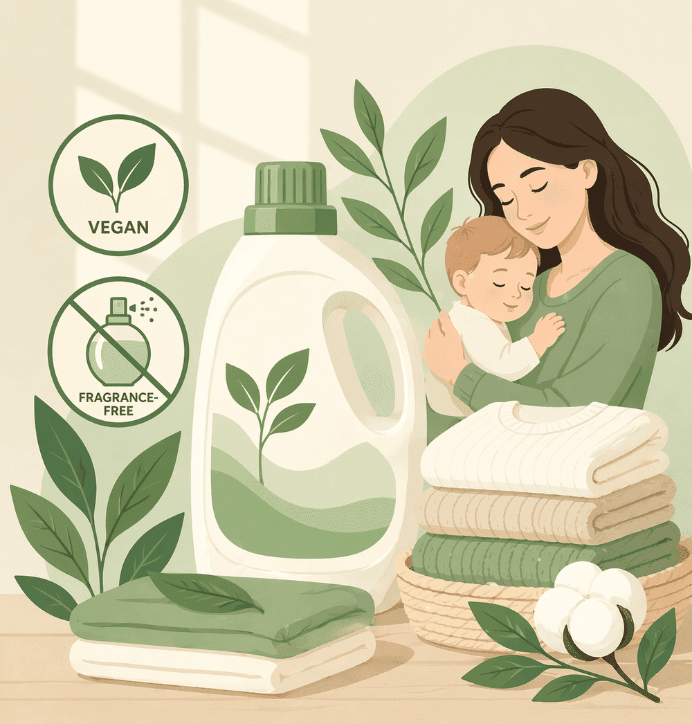 Vector illustration of vegan fragrance-free laundry detergent for sensitive skin, showing a mother and baby with eco-friendly detergent packaging and clean laundry.