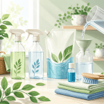 Vector illustration of refill cleaning products and concentrated detergents with reusable bottles, refill sachets, and eco-friendly packaging.