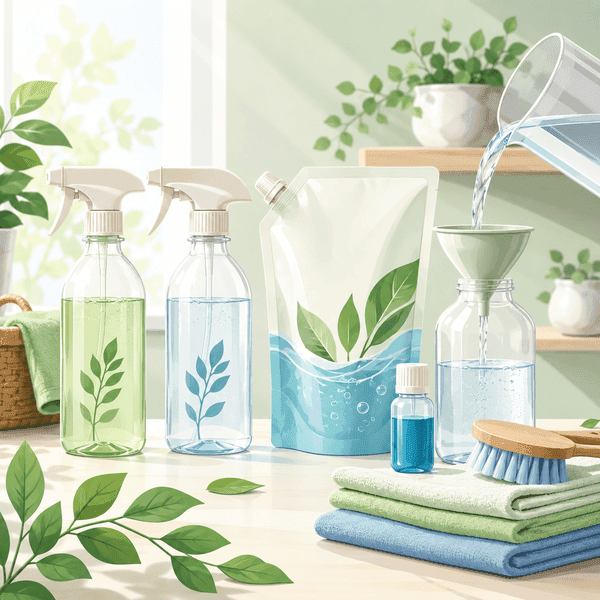 Vector illustration of refill cleaning products and concentrated detergents with reusable bottles, refill sachets, and eco-friendly packaging.