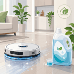Vector illustration of a robot mop cleaning a wooden floor with a low-foam detergent bottle and smart home cleaning elements.