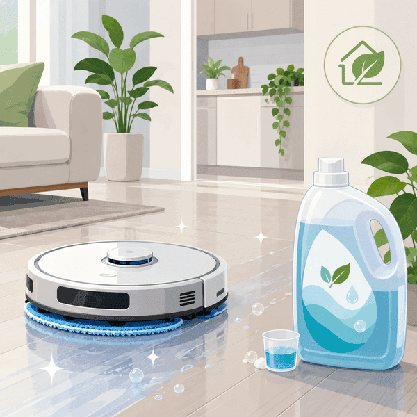 Vector illustration of a robot mop cleaning a wooden floor with a low-foam detergent bottle and smart home cleaning elements.