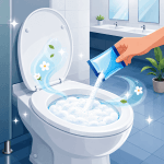 Vector illustration of Splash Foam Toilet Cleaner powder creating foam in a toilet bowl to reduce splash and improve public restroom hygiene.