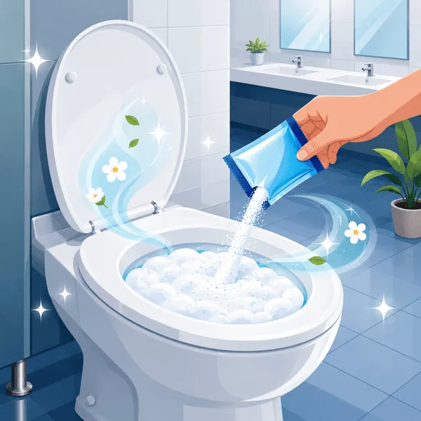 Vector illustration of Splash Foam Toilet Cleaner powder creating foam in a toilet bowl to reduce splash and improve public restroom hygiene.