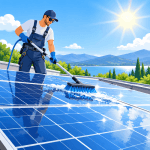 Solar panel cleaner being applied to photovoltaic panels for residue-free and surface-safe cleaning.