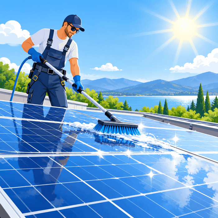 Solar panel cleaner being applied to photovoltaic panels for residue-free and surface-safe cleaning.
