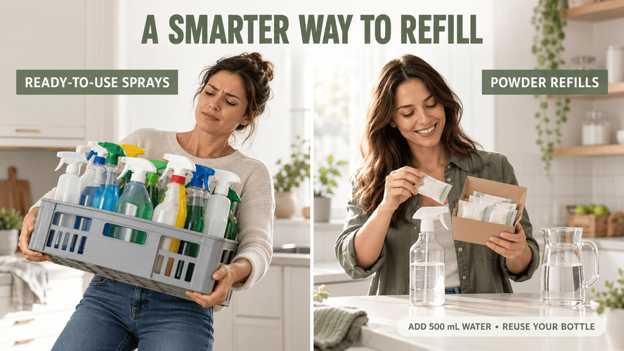 Powder refill sachets beside a reusable spray bottle and water, showing the refill preparation concept