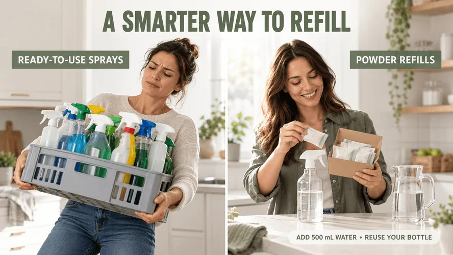 Powder refill sachets beside a reusable spray bottle and water, showing the refill preparation concept