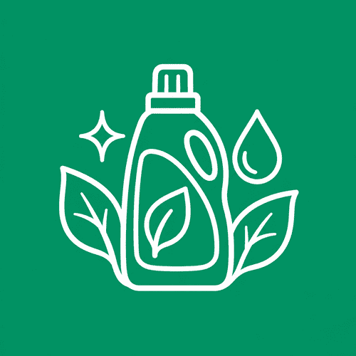 White detergent bottle, leaves and water droplet icon representing biodegradable and vegan products