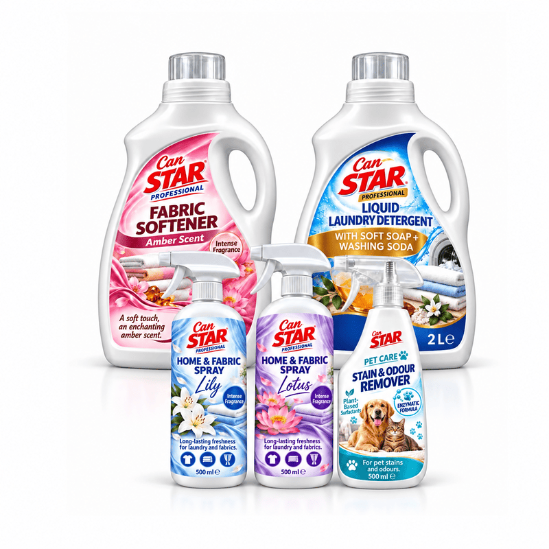 Can Star amber fabric softener, liquid laundry detergent, lily and lotus fabric sprays, and pet stain and odour remover.