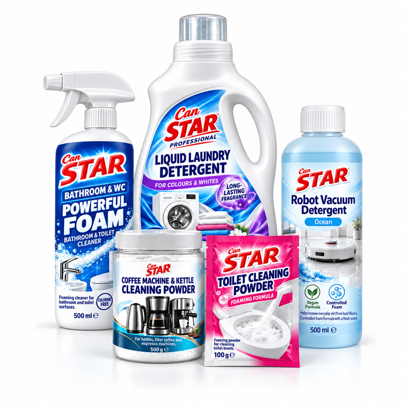 Can Star bathroom foam, laundry detergent, robot vacuum detergent, coffee machine cleaner and toilet cleaning powder.