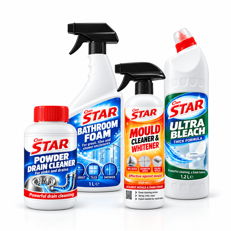 Can Star powder drain cleaner, bathroom foam spray, mould cleaner and whitener, and ultra bleach on a white background.