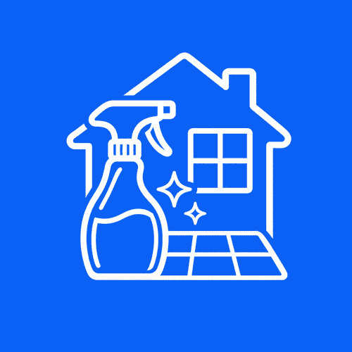 White house, cleaning spray and floor icon representing surface and home care