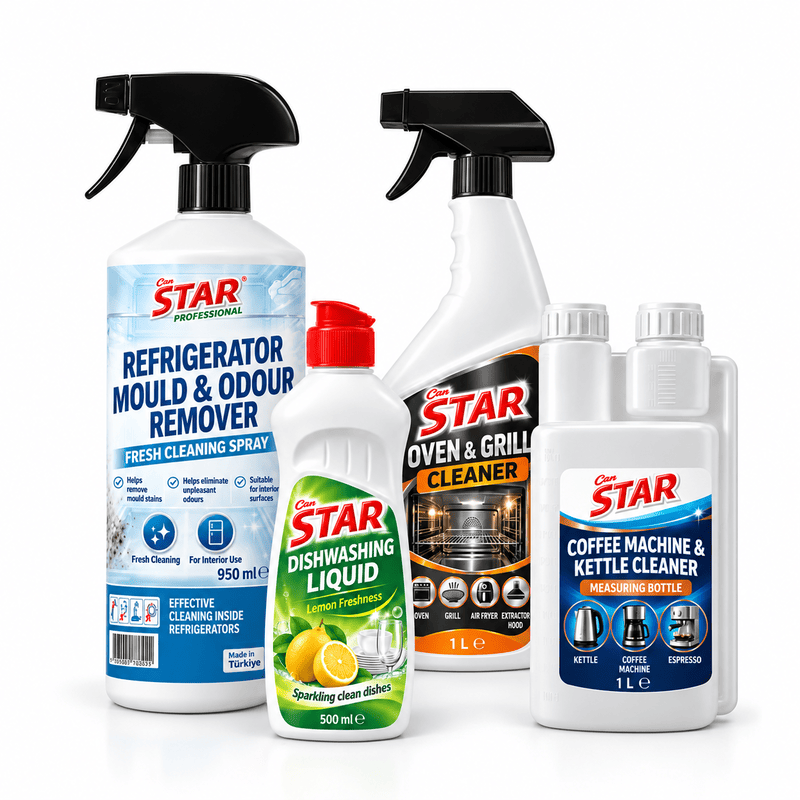 Can Star refrigerator mould and odour remover, lemon dishwashing liquid, oven and grill cleaner, and coffee machine and kettle cleaner.