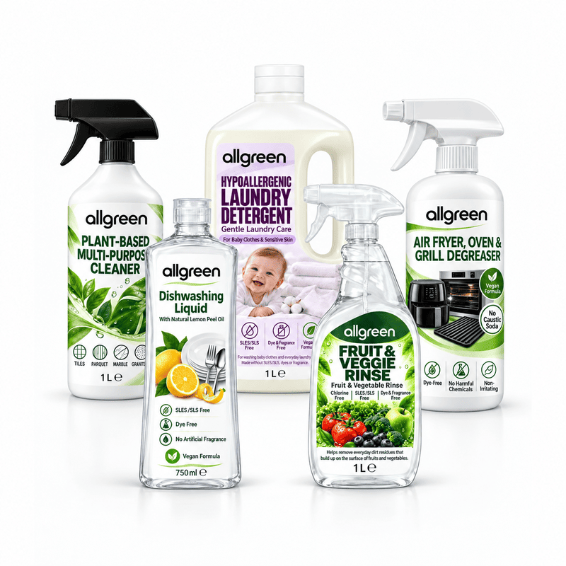 Allgreen plant-based multi-purpose cleaner, hypoallergenic laundry detergent, dishwashing liquid, fruit and vegetable rinse, and kitchen degreaser.