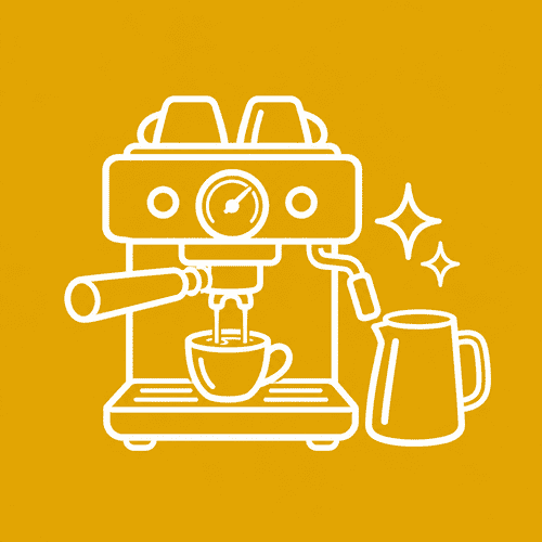 White espresso machine, cup and kettle icon representing coffee equipment cleaning