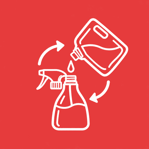 White refill pouch, spray bottle and circular arrows icon representing cleaning refills