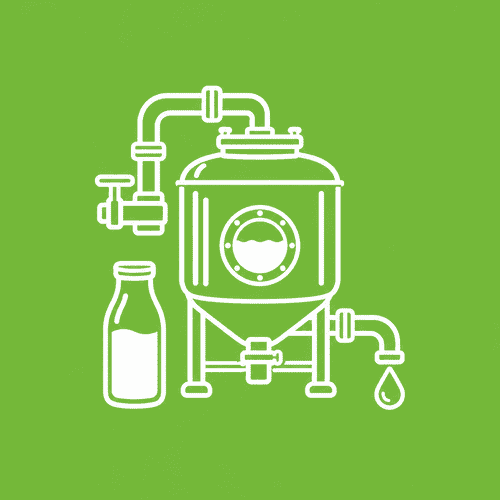 White processing tank, pipes and milk bottle icon representing the food and beverage industry