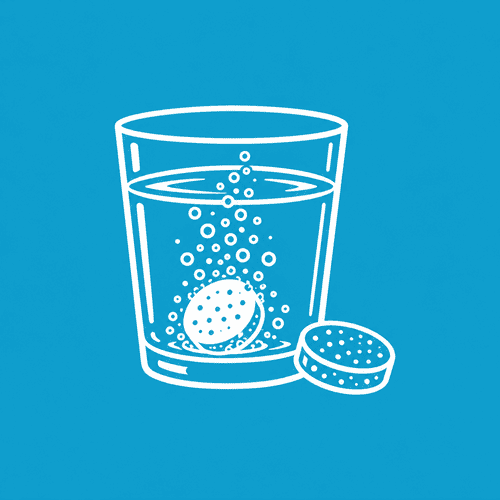White cleaning tablet dissolving with bubbles in a glass of water