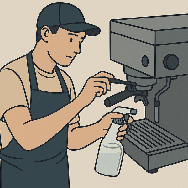 Espresso makinesini fırçayla temizleyen bir barista