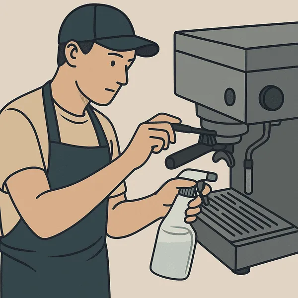 Espresso makinesini fırçayla temizleyen bir barista