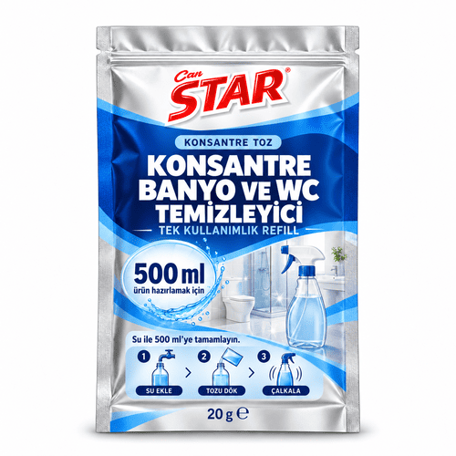 500 ml ürün hazırlamak için 20 g konsantre banyo ve WC temizleyici, mavi ve gümüş saşe ambalaj