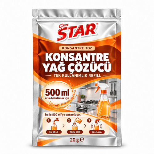 500 ml ürün hazırlamak için 20 g konsantre yağ çözücü, turuncu ve gümüş saşe ambalaj