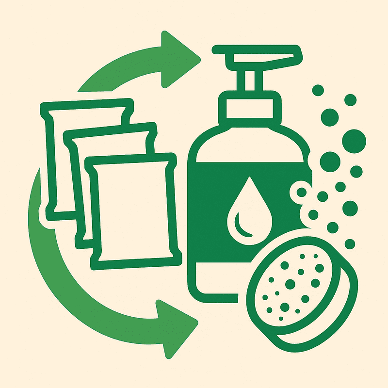 Biyoçözünür konsantre toz refill temizleyici ve yeniden doldurulabilir temizlik şişelerini gösteren çevre dostu tematik görsel.