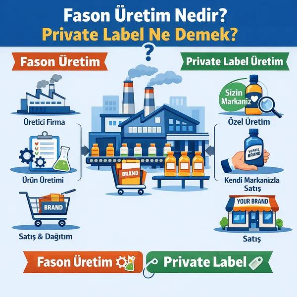 Fason üretim ve private label üretim farklarını gösteren vektörel infografik