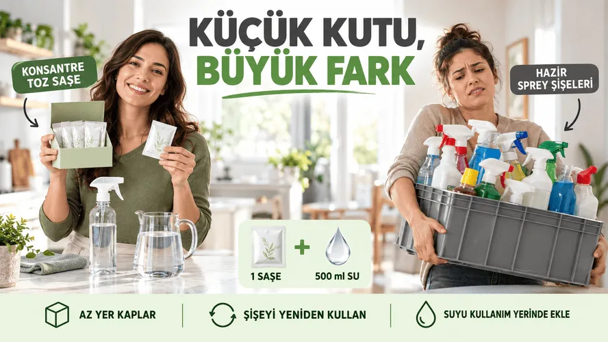 Küçük kutudaki konsantre toz saşeler ile çok sayıda hazır sprey şişesinin karşılaştırılması
