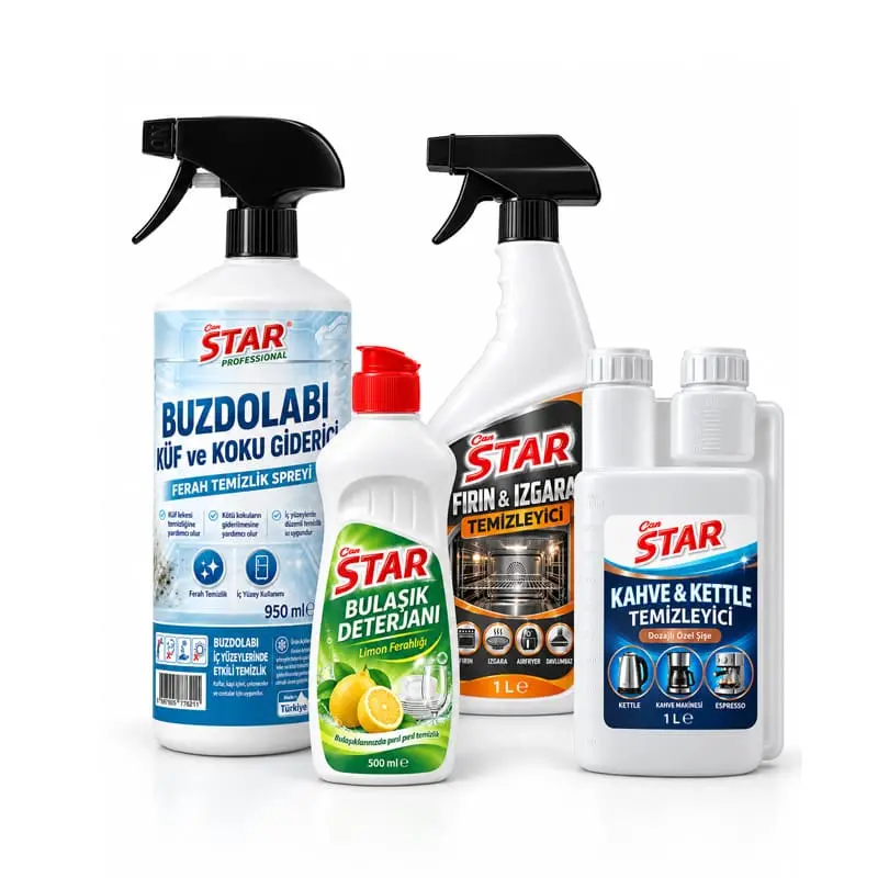 Can STAR buzdolabı temizleyici, limonlu bulaşık deterjanı, fırın ve ızgara temizleyici ile kahve ve kettle temizleyicisi beyaz fonda.