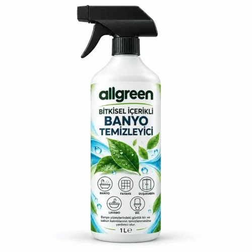 Allgreen bitkisel içerikli banyo temizleyici 1 L; siyah tetikli beyaz sprey şişede, yeşil ve mavi etiketli ürün.