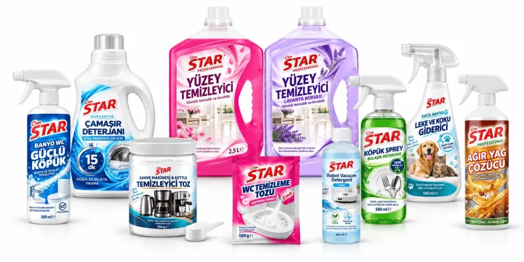 Beyaz fonda Can STAR yüzey temizleyicileri, çamaşır deterjanı, banyo ve bulaşık spreyleri, WC temizleme tozu, yağ çözücü ve evcil hayvan leke giderici.